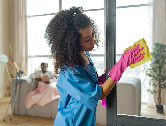 staff woman cleaning apt senior watching